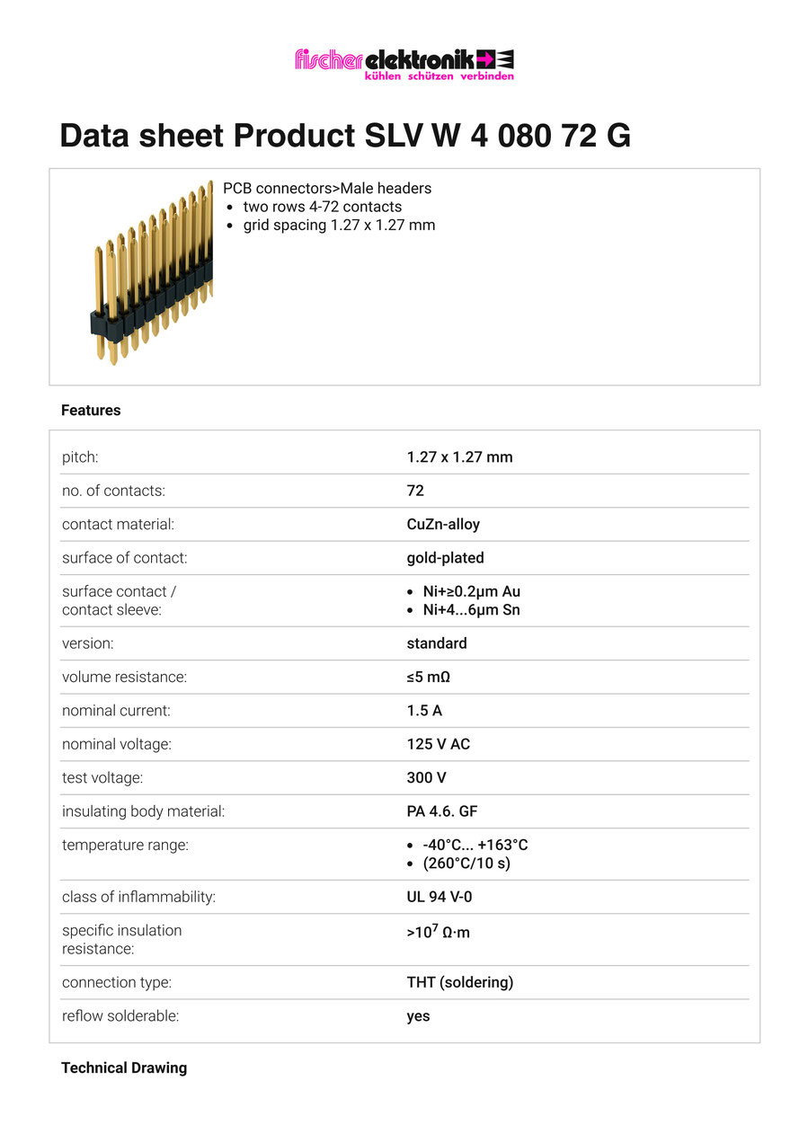 SLV-W-4-080-72-G | 1.27mmピッチ スルーホール用ピンヘッダー 2列 72ピン（0.4mm角ピン）