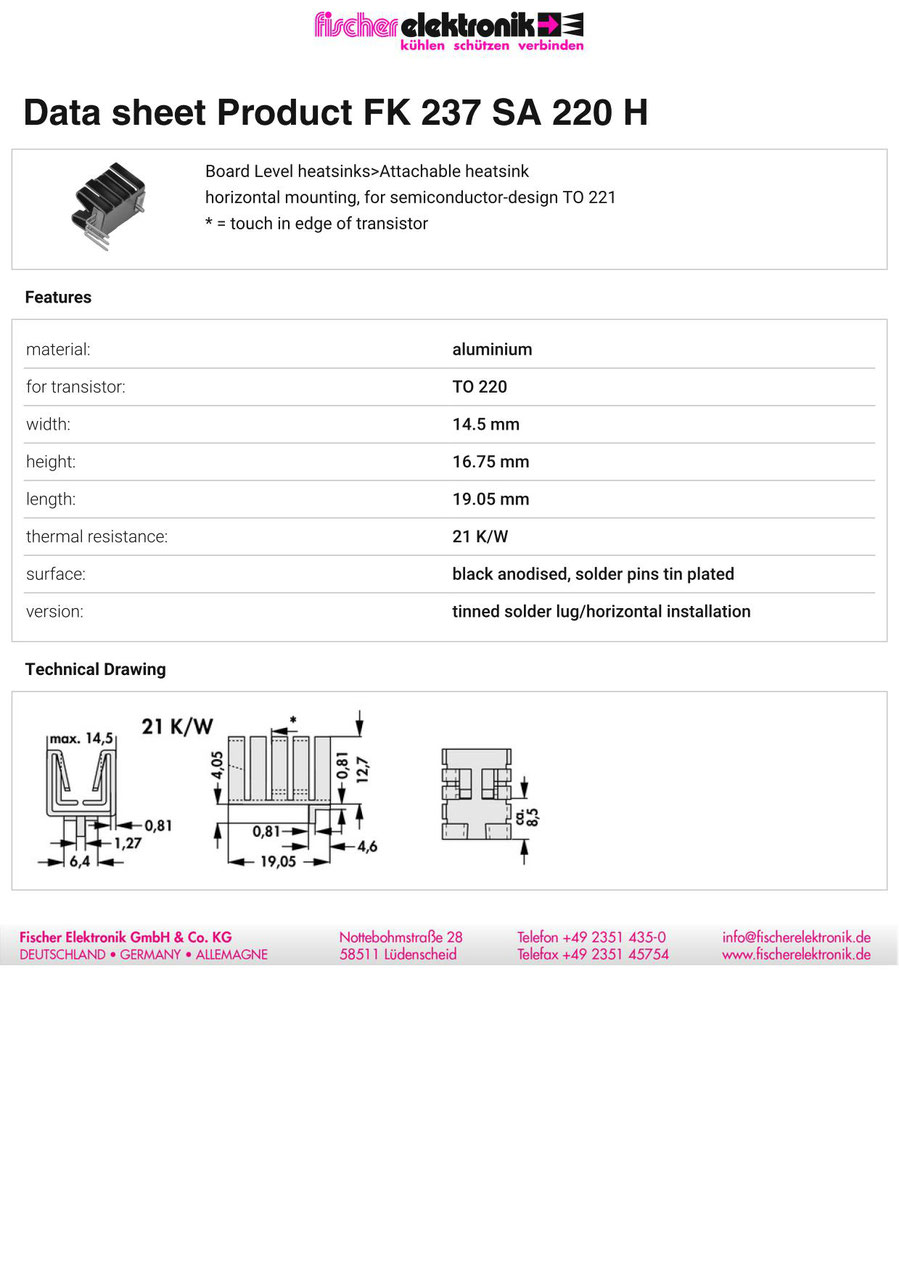 FK237SA220H TO-220パッケージ用クリップオンヒートシンク