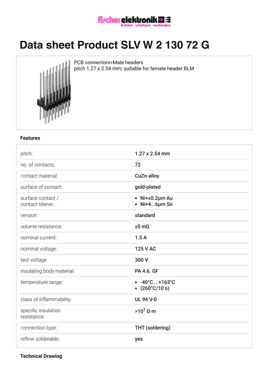 SLV-W-2-130-72-G | 1.27mm x 2.54mmピッチ スルーホール用ピンヘッダー 2列 72ピン（0.4mm角ピン）