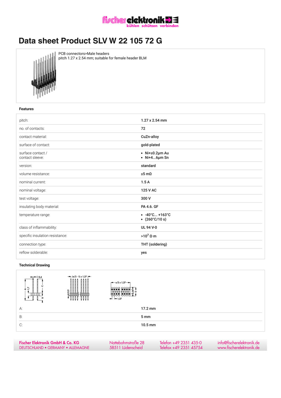 SLV-W-22-105-72-G | 1.27mm x 2.54mmピッチ スルーホール用ピンヘッダー 2列 72ピン（0.4mm角ピン） Fischer Elektronik