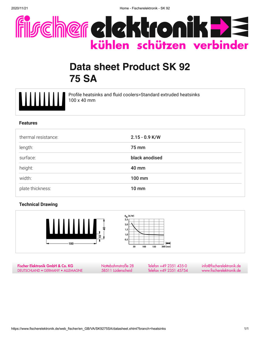 SK92-75-SA 75 x 100 x 40mm   Fischer フィッシャー ヒートシンク 押出成形 角型 アルミ
