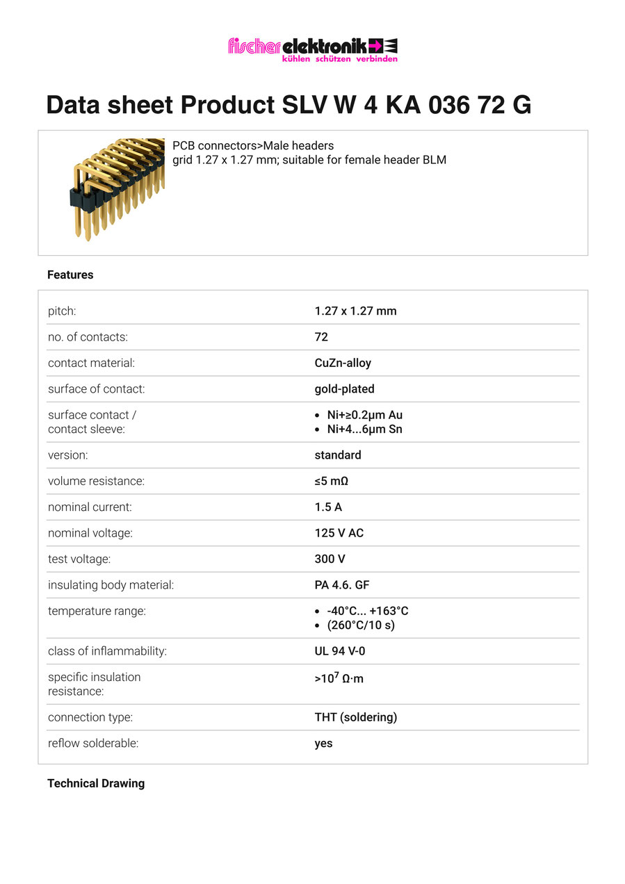 SLV-W-4-KA-036-72-G | 1.27mm x 1.27mmピッチ スルーホール用ピンヘッダー 2列 72ピン（0.4mm角ピン）