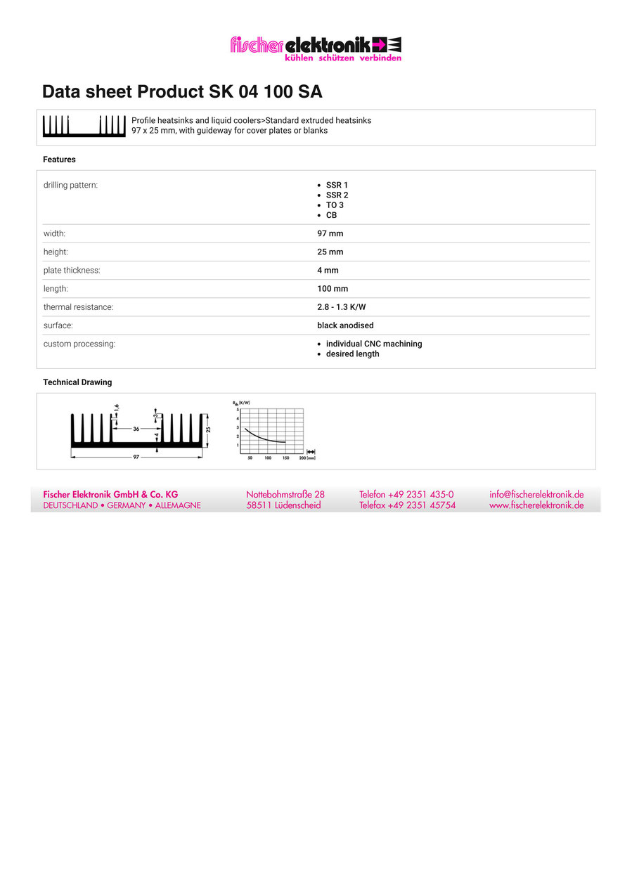 SK04-100-SA | W97mm x H25mm x L100mm | フィッシャー 押出成形ヒートシンク