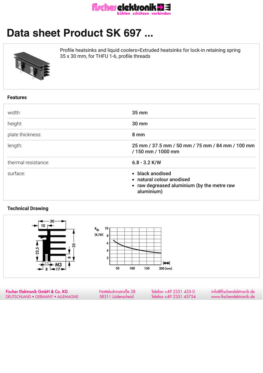 SK-697 | クリップ固定押出成形ヒートシンク | Fischer Elektronik