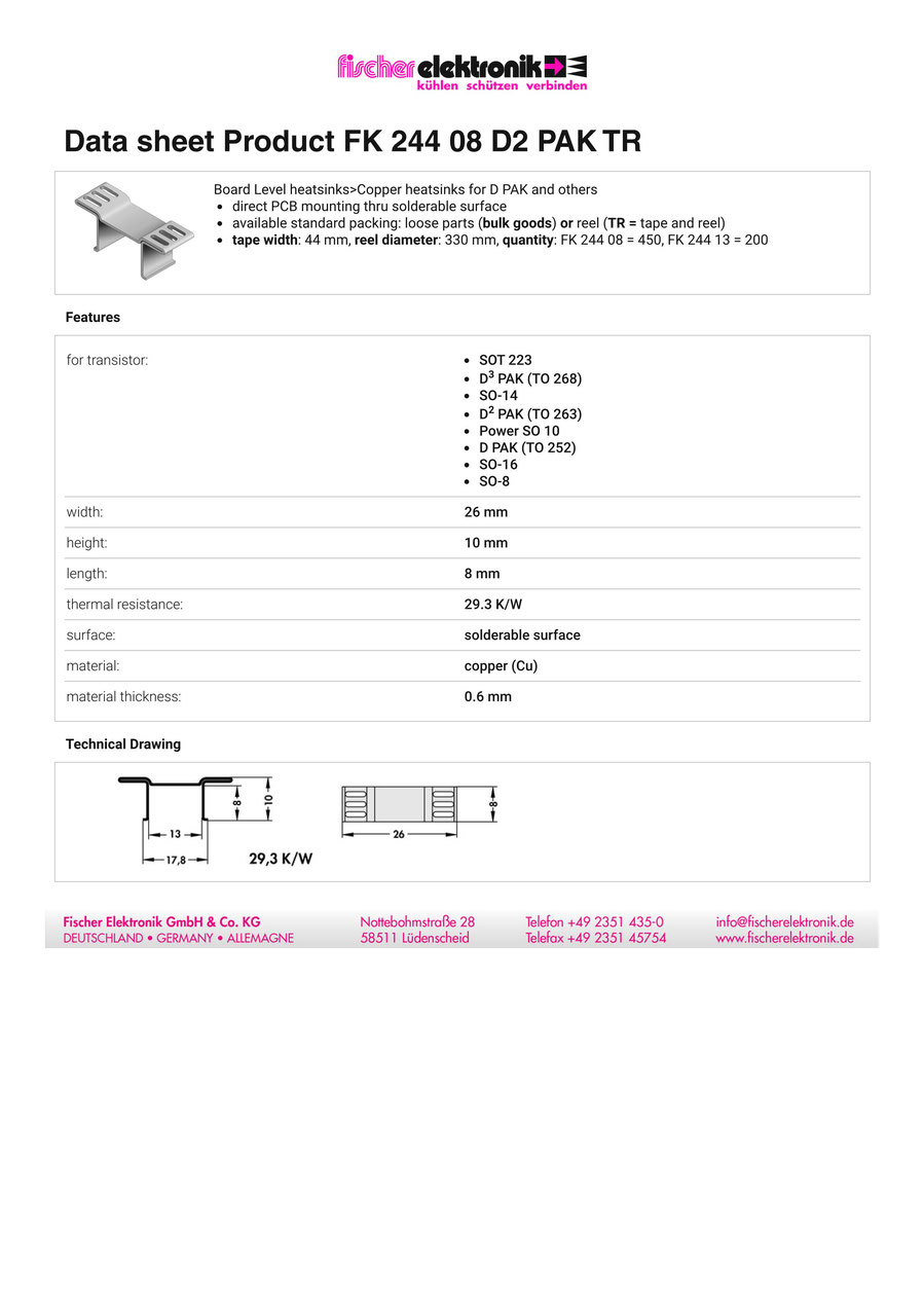 FK 244 08 D2 PAK | W26mm x H10mm x L8mm | フィッシャー 表面実装用ヒートシンク　