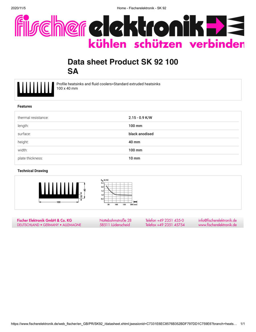 SK92-100-SA 100 x 100 x 40mm   Fischer フィッシャー ヒートシンク 押出成形 角型 アルミ