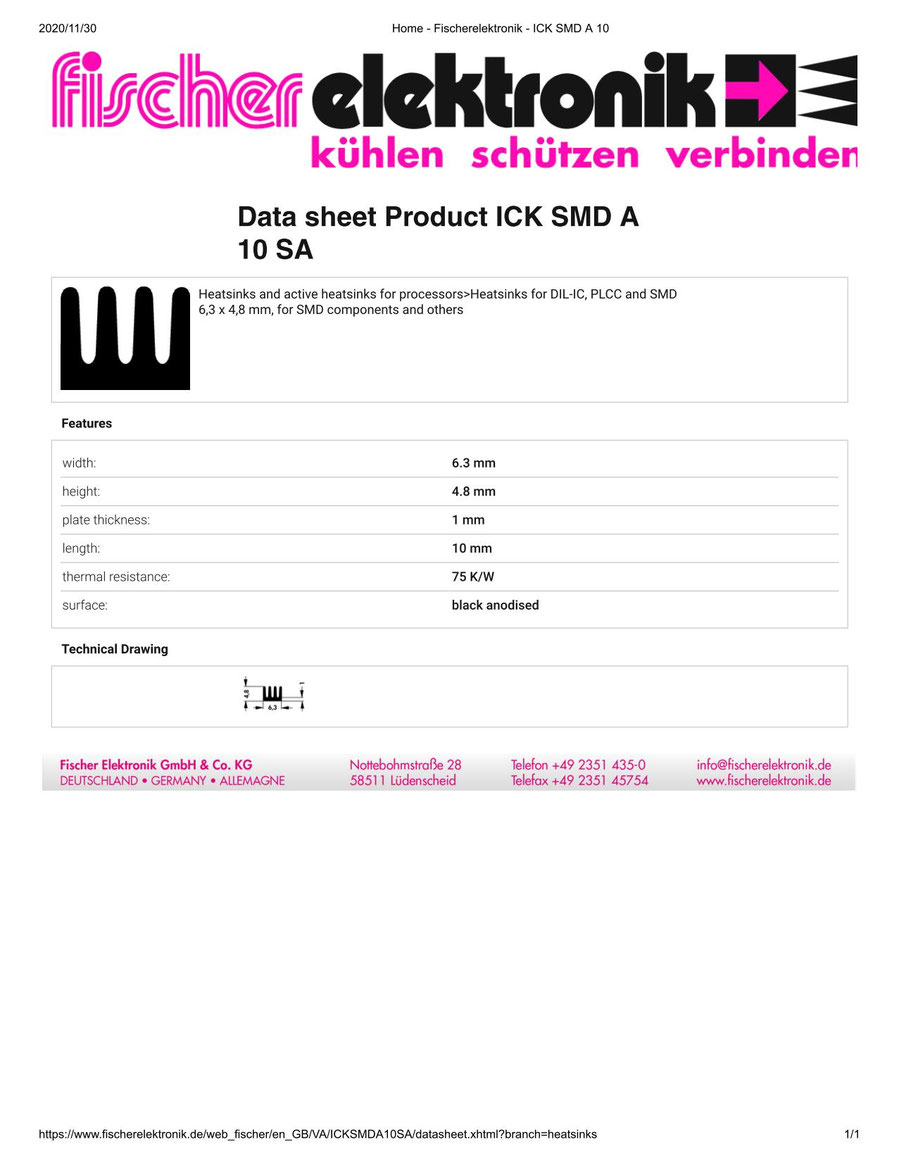 ICKSMDA10 Fischer/フィッシャー 表面実装デバイス用 ヒートシンク