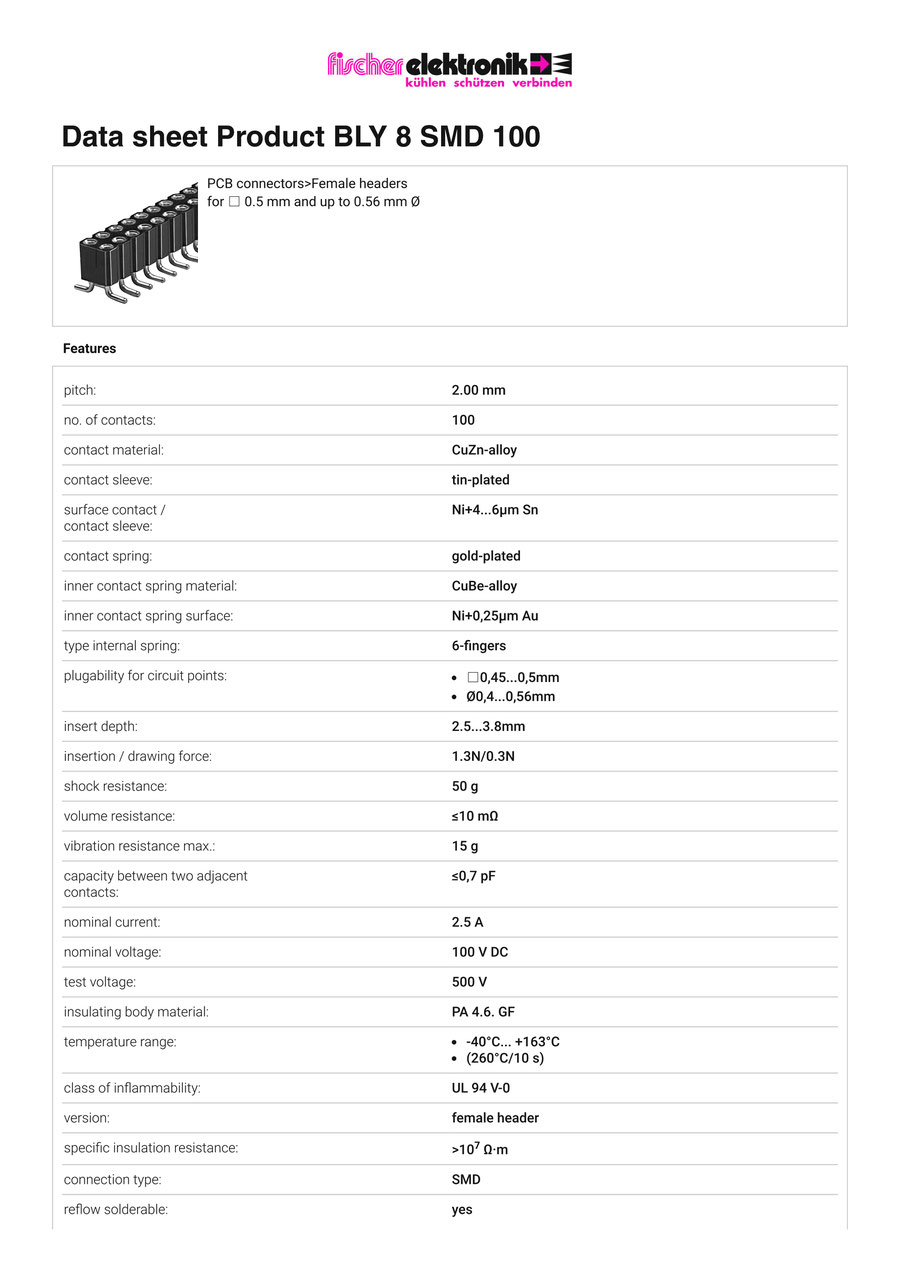 BLY 8 SMD 100 | 2mmピッチ 表面実装用連結ソケット 2列 100極　Fischer Elektronik
