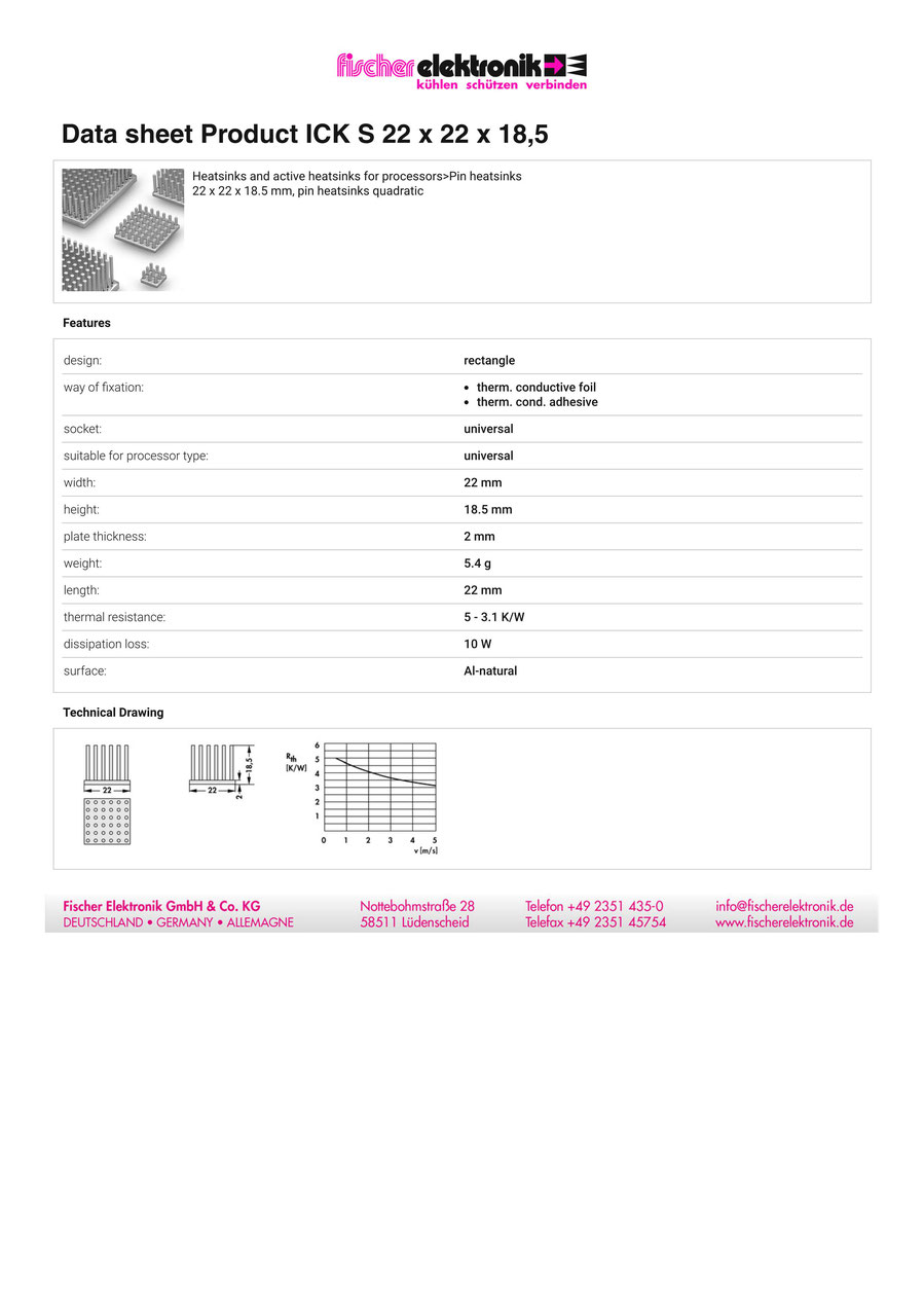 ICK S 10x10x18,5 | 角型ピンヒートシンク | Fischer Elektronik