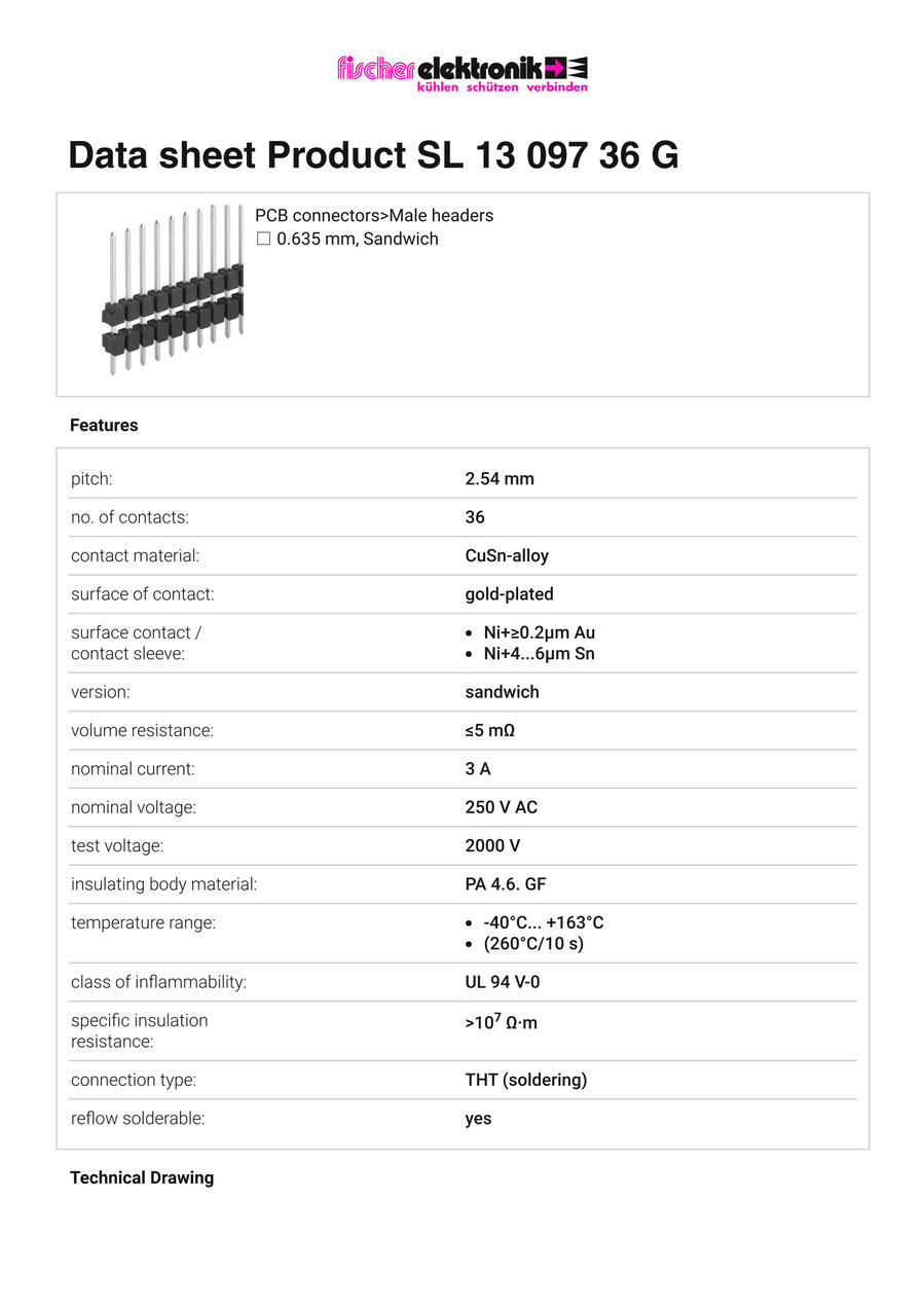 SL-13-097-36-G | 2.54mmピッチ 基板対基板 段重ね用ピンヘッダー