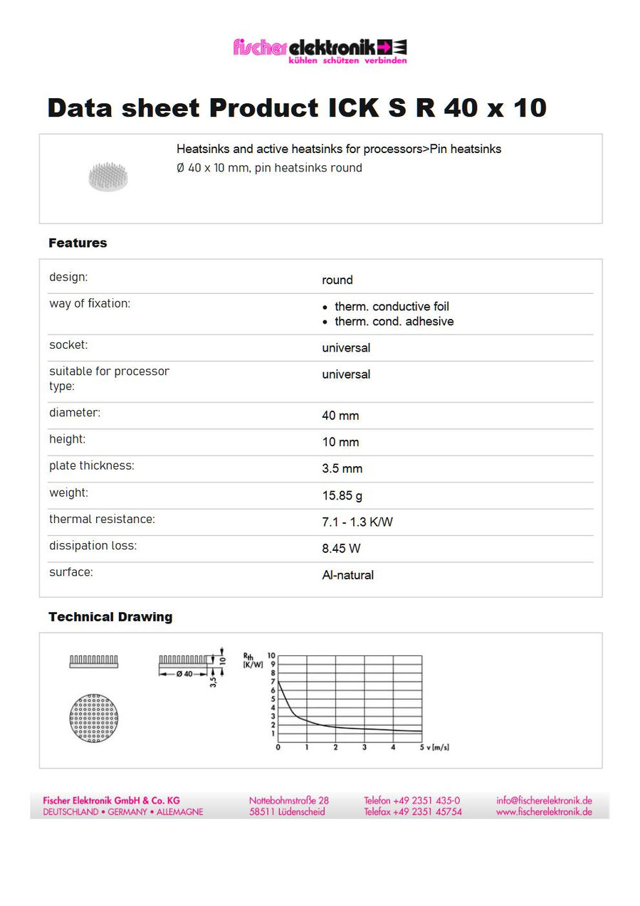 ICK S R 40×10 ピンフィンヒートシンク(Ø40×10mm)|Fischer Elektronik
