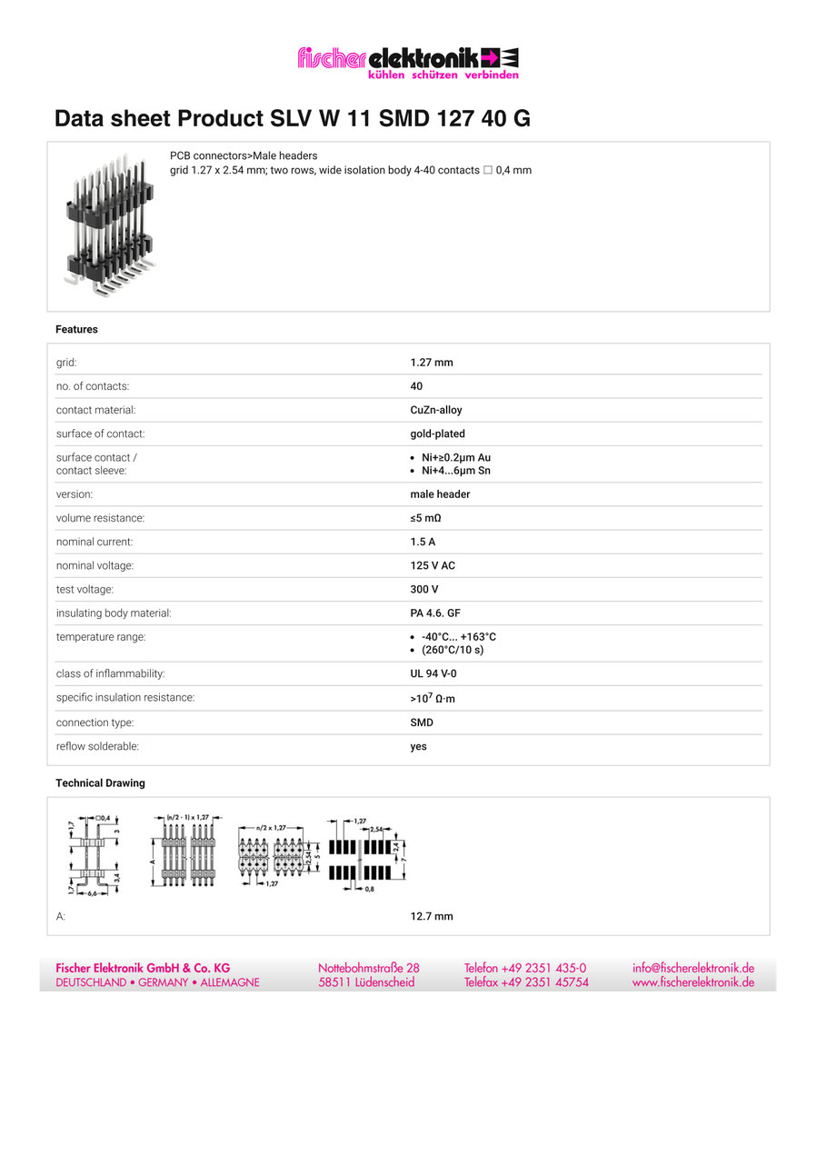 SLV W 11 SMD 127 |  1.27mm x 2.54mm 段重ね用ピンヘッダ 2列（基板間12.7 mm）