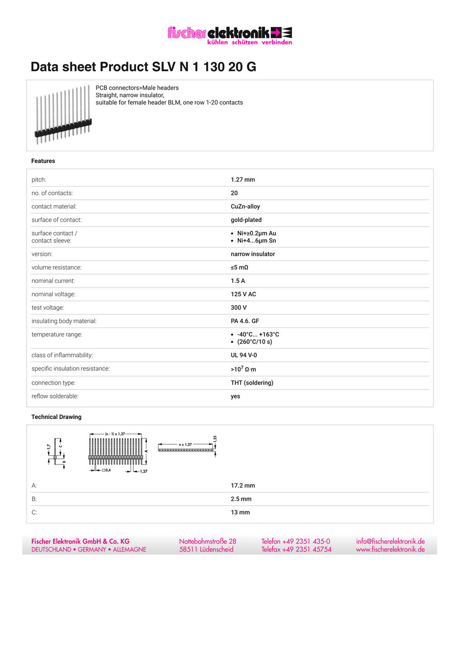 SLV-N-1-130-20-G | 1.27mmピッチ スルーホール用ピンヘッダー 20ピン連結（0.4mm角ピン）