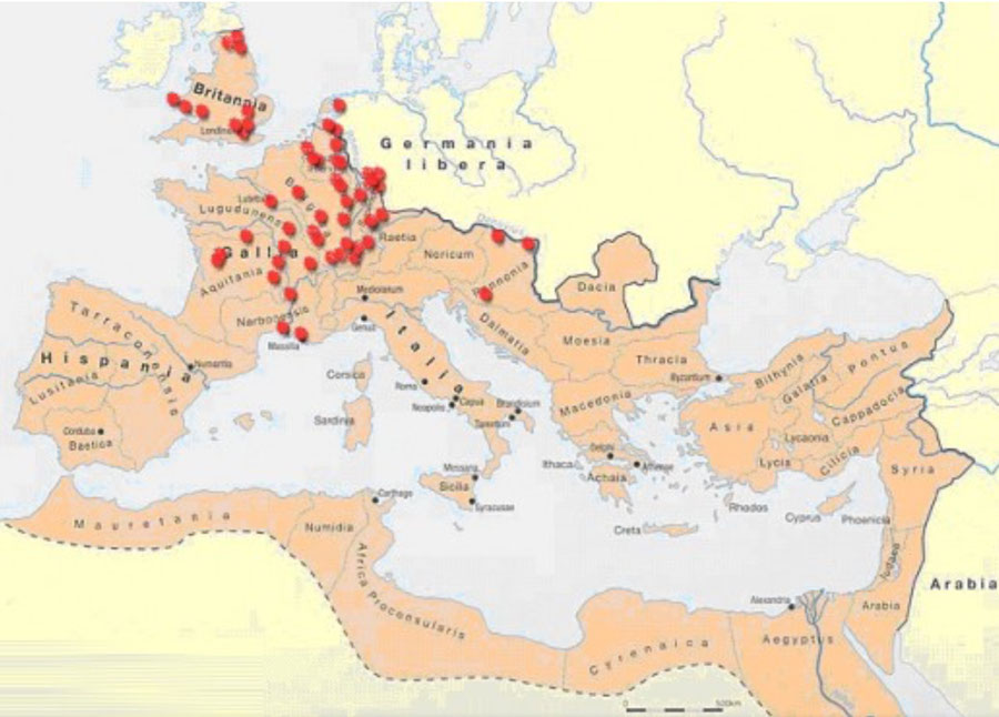 Fig. 3  - Rappresentazione dei siti dove sono stati trovati i dodecaedri romani