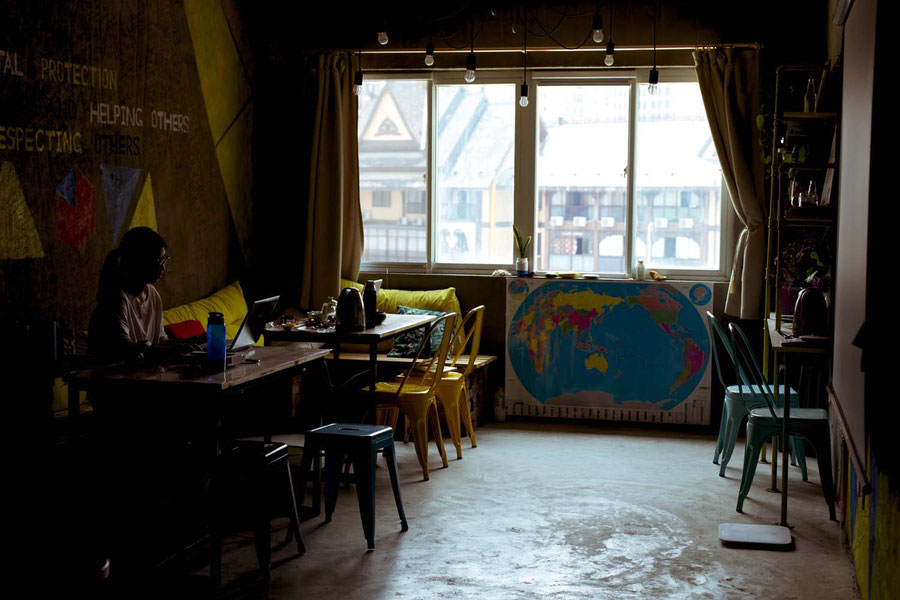 Common room of the Zero Factory Hostel, Jinghong, China