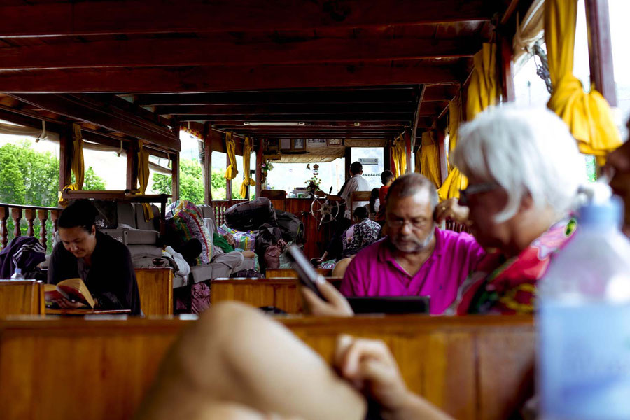 the interior of the longboat, on the Mekong river, Loas