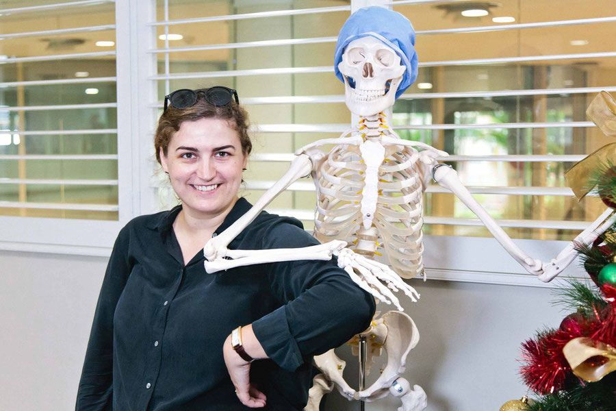  Posing with a skeleton, while shooting a promo video for a private hospital in Sydney, Australia