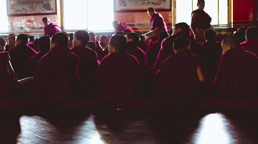 Pictures from the daily live of the young monks, here depicted during a singing lesson, Kopan Monaestery, Nepal