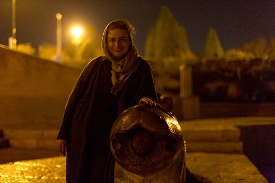 Portrait next to a lion, Isfahan, Iran