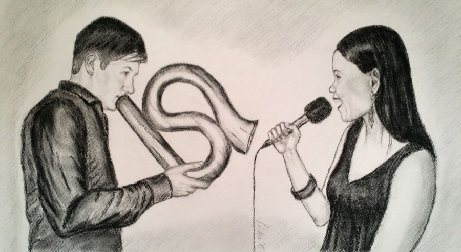 Portrait Musiker Didgeridoo Radierung  Kreide Zeichnung Kunst Heike Lüders