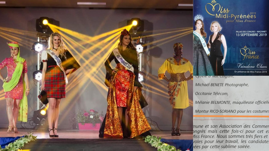Image du gala d'élection de Miss Midi-Pyrénées 2019 et, sur la droite, détaille du livret du programme et la page des remerciements. 