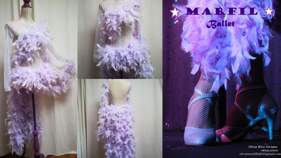 Trois images sur différents angles d'un costume à plumes en mauve et une photo de l'affiche de Marfil Ballet; détail des pieds avec chaussures argent et le même costume à plumes.