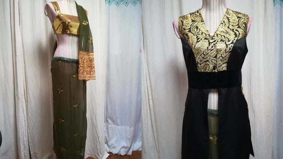 Sur l'image, deux costumes pour la dance Bollywood création de la maison de couture Fil et Paillettes. A gauche un ensemble en deux pièces composé de jupe et top en vert militaire et or. A droite une veste longue sans manches en noir et or.