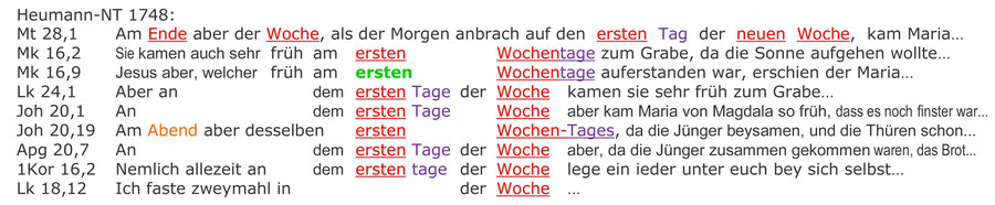 Heumann Neues Testament 1748, Auferstehung Jesus am Sabbat, "ersten Tag der Woche"