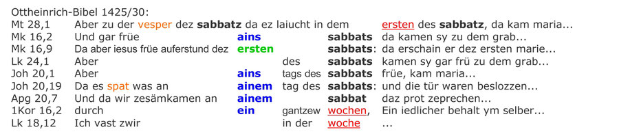 Ottheinrich Bibel 1425, Auferstehung Jesus an einem Sabbat Morgen, Interlinear Text Bibel