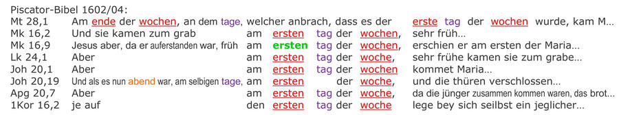 Piscator-Bibel 1602, Auferstehung Jesus am Sabbat, Bibelzitate, Bibelverse