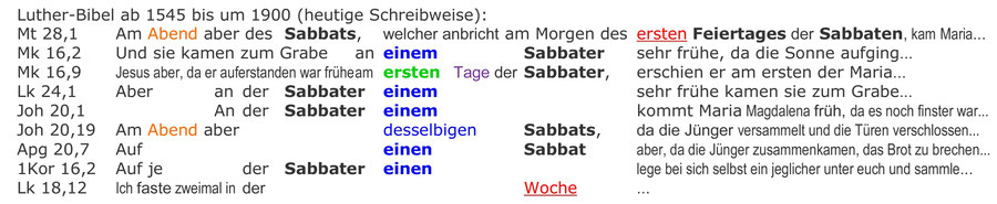 Luther-Bibel 1545, Auferstehung Jesus am Sabbat Morgen, Mt 28,1;  Mk 162; Mk 16,9; Lk 24,1; Joh 20,1; Joh 20,19; Apg 20,7