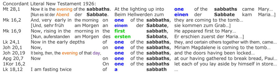 Concordant Literal New Testament 1926, Knoch, Auferstehung Jesus am Sabbat, "one of the sabbaths"