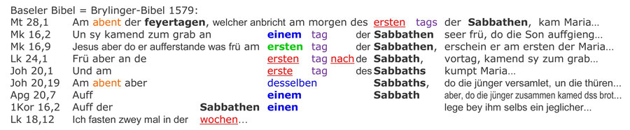 Baseler Bibel, Brylinger Bibel 1579, Auferstehung Jesus am Sabbat, Interlinear Text Bibel