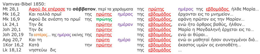 Vamvas-Bibel 1850 griechischen Grundtextes, Auferstehung Sabbat Sonntag