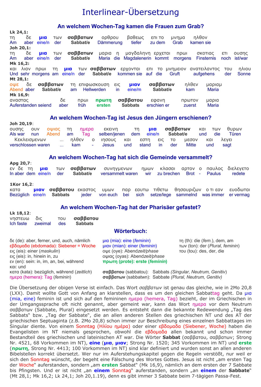 Interlinear-Übersetzung NT, Jesus Auferstehung am Sabbat Morgen, Bibel, Mt 28,1; Mk 16,2, Mk 16,9; Lk 24,1; Joh 20,1; Joh 20,19; Apg 20,7