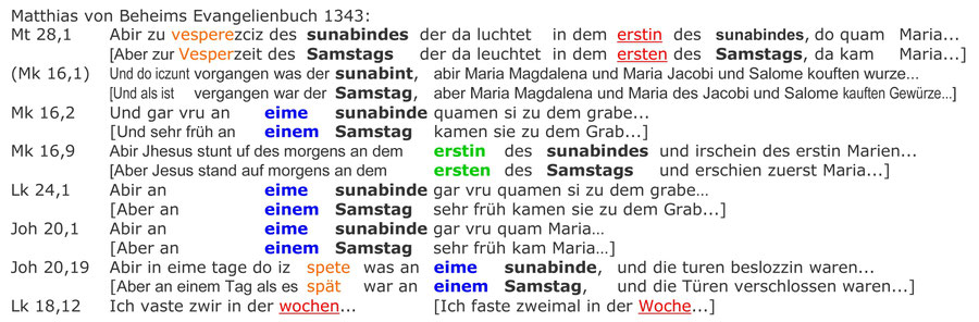 Matthias von Beheim Evangelienbuch 1343, Interlinear text, Bibel, Auferstehung Jesu an einem Sabbat-Morgen