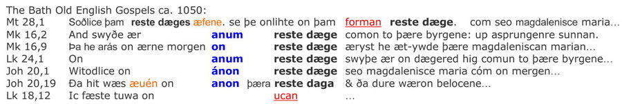 Bath Old English Gospels, Englische Bibel, Auferstehung Jesus am Sabbat, Interlinear Text