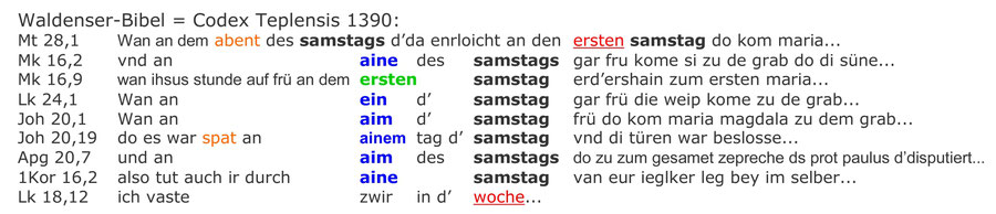 Waldenser Bibel, Codex Teplensis 1380,  Auferstehung Jesus an einem Samstag-Morgen, Sabbat Auferstehung Jesus