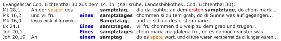 Evangelistar Lichtenthal 30, 14. jahrhundert, Interlinear Bibel,  Auferstehung Jesu an einem Samstag-Morgen, Sabbat