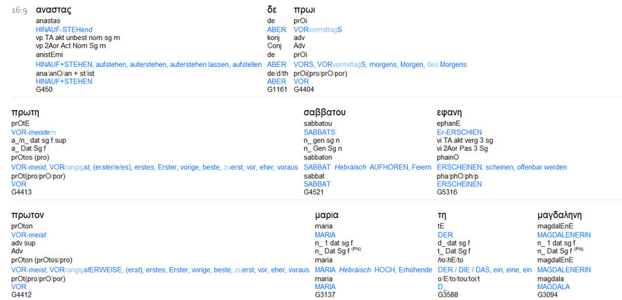 Interlinear Übersetzung Mk 16,9, Auferstehung Jesus am Sabbat