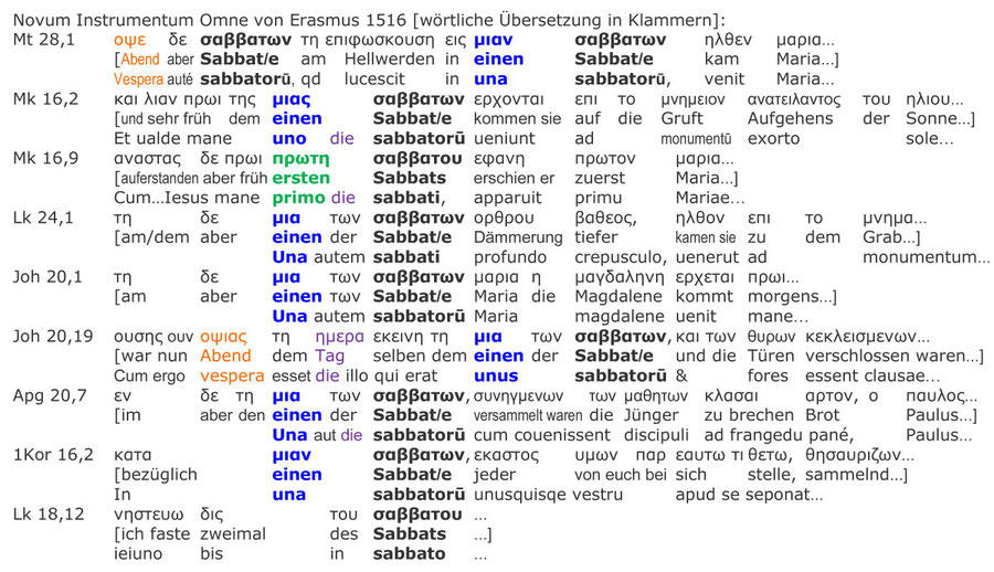 Textus Receptus, Erasmus 1516, interlinear uebersetzung, original, Auferstehung Sabbat