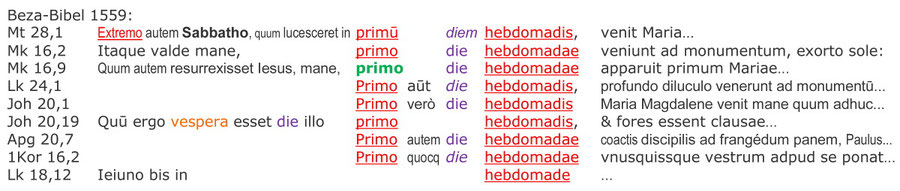 Beza Bibel 1559, Auferstehung Jesus Sonntag, erster Tag der Woche, Interlinear