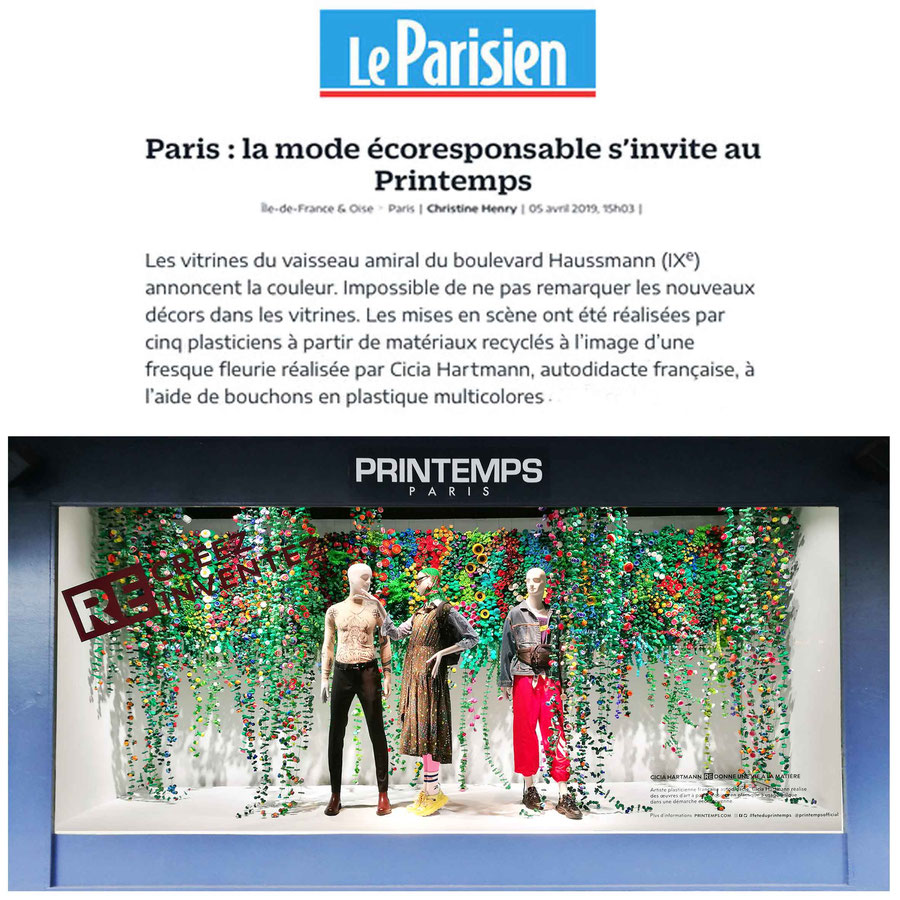 Installation de l'oeuvre " Un printemps durable " de Cicia Hartmann dans une Vitrine du PRINTEMPS HAUSSMANN - Boulevard Haussmann Paris 9ème - avril/mai 2019