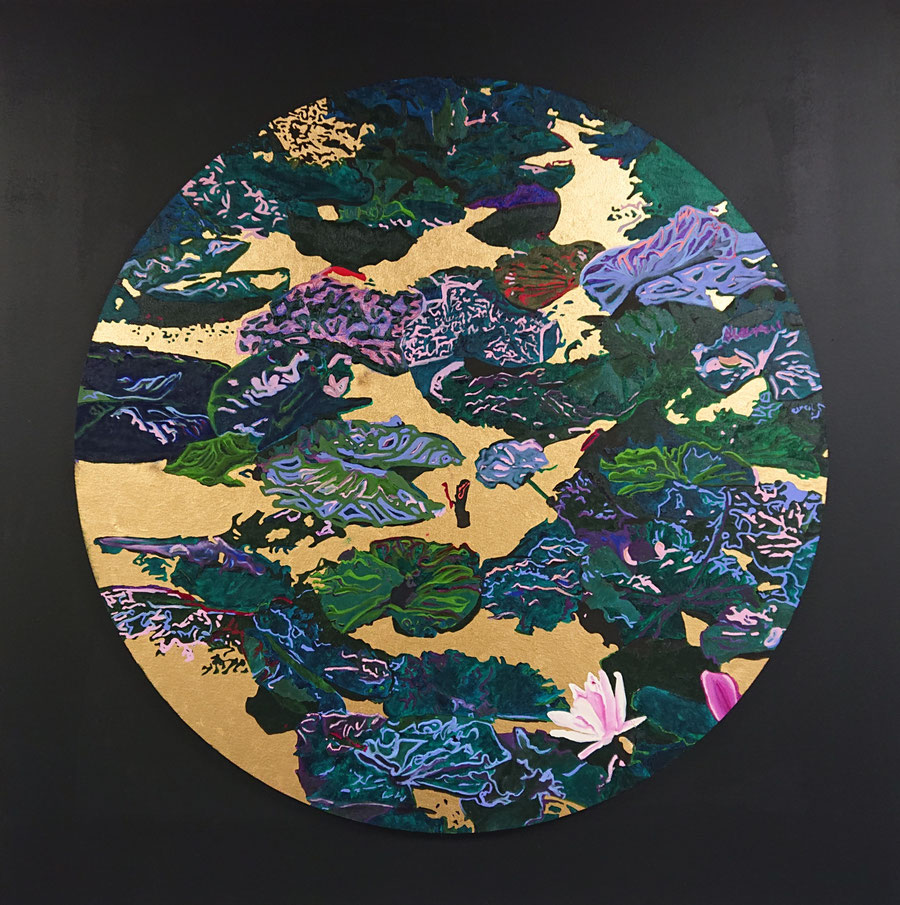 "Water lilies 3" Oil and 23 carat gold leaf on canvas. 80 cm in Diameter. December 2022