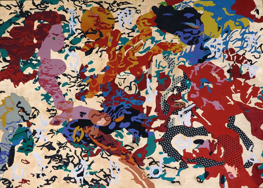 Hieros Iconization II. "A Summer of Love and Porn". 140 cm x 100 cm. Oil on canvas with silver and gold leaf. 14.11.2020