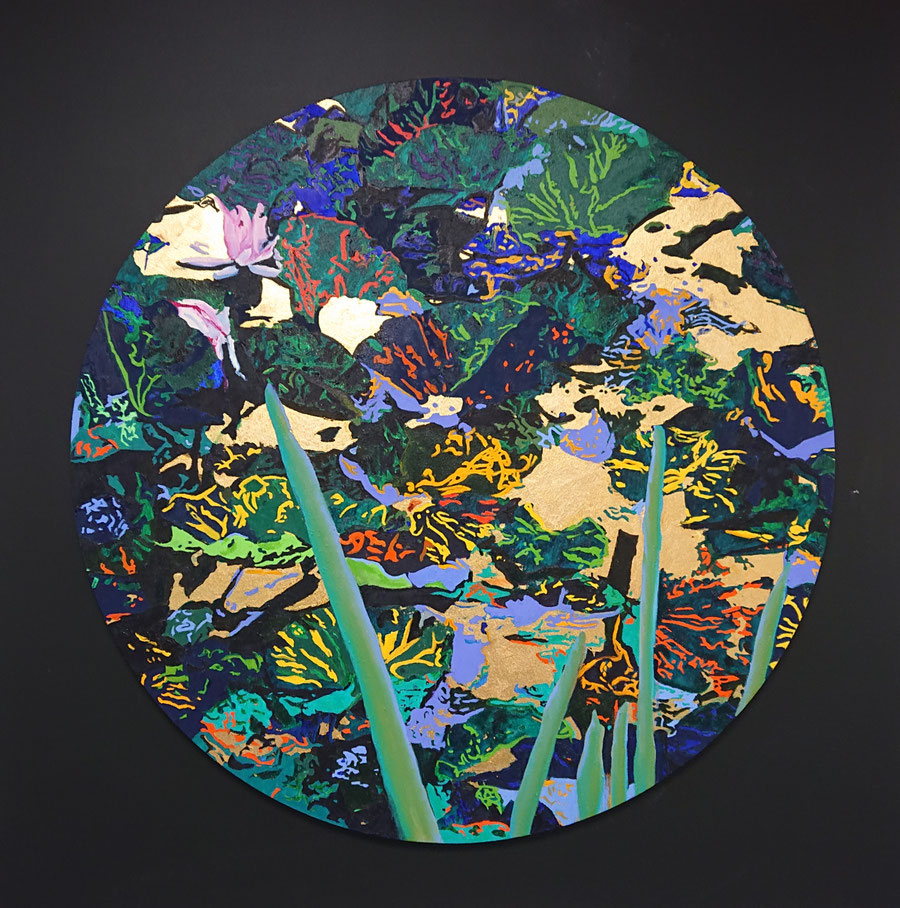 "Water lilies 4" Oil and 23 carat gold leaf on canvas. 80 cm in Diameter. December 2022