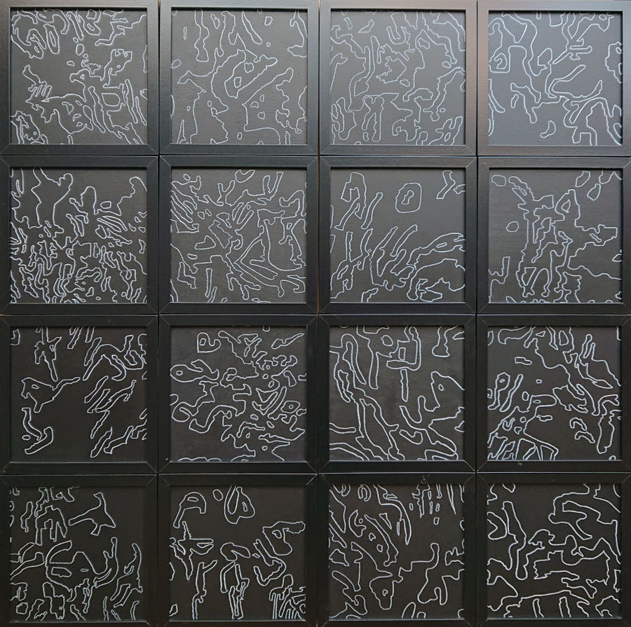 "Hiero Themes II" Pastell pencil on plywood prepared with blackboard paint. 23 x 23 cm (framed 25 x 25 cm). Randomly stacked, individually signed and dated.