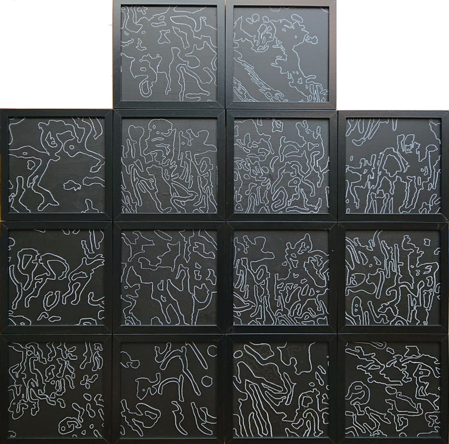 "Hiero Themes II".Pastell pencil on plywood prepared with blackboard paint. 2019. 23 cm x 23 cm, (framed 25 cm x 25 cm) each individually signend.