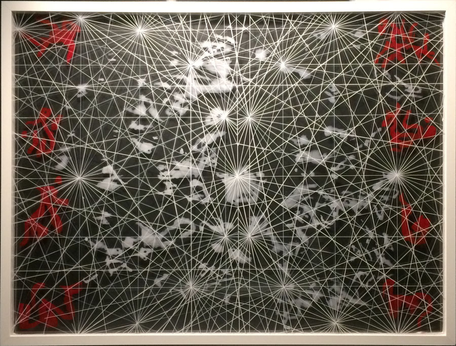 Maritime in red, white and black. 60 x 80 cm, with a black hardboard background and two panes of acrylic glass, individualized with glass colors.