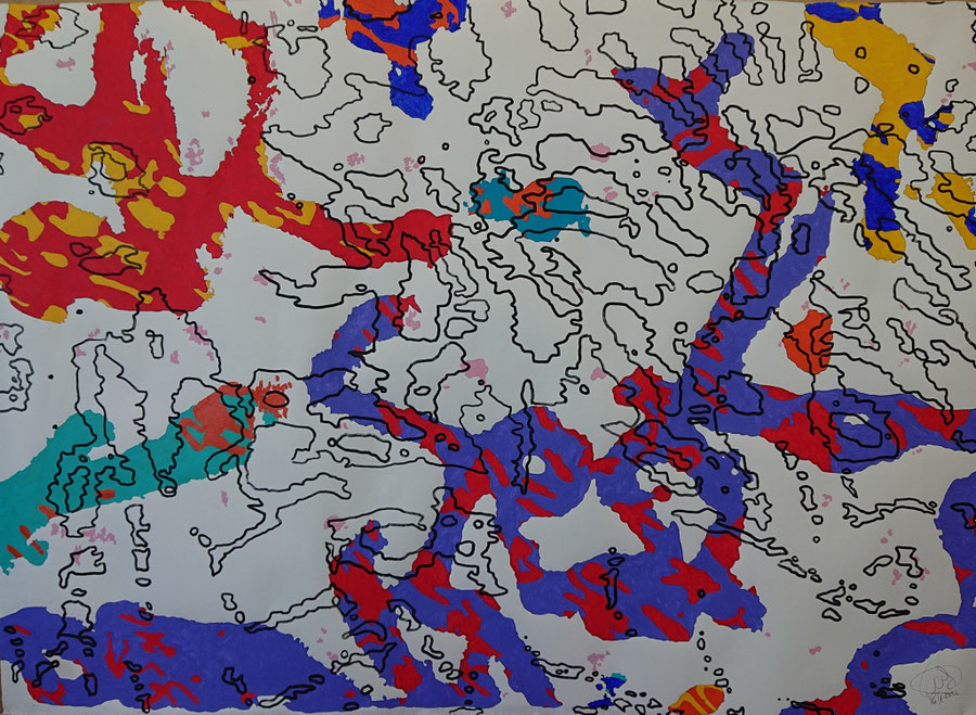 "Free for All or Freefall?" 16.IV.2022. The third of the "Big Series" containing 30 works. Acrylic paint on 140g/m² You Gampi universal paper. 140 cm x 100 cm (ca. 55 x 39 inches).